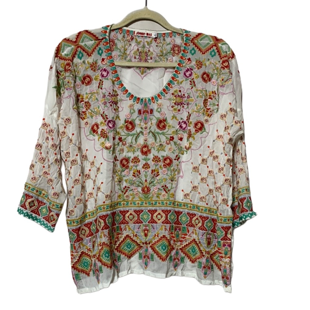 Johnny Was White Boho Multicolor Embroidered Long Sleeve Top